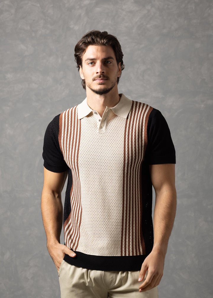 Portofino – Colorblock Textured Knit Polo with Vertical Stripe Panel