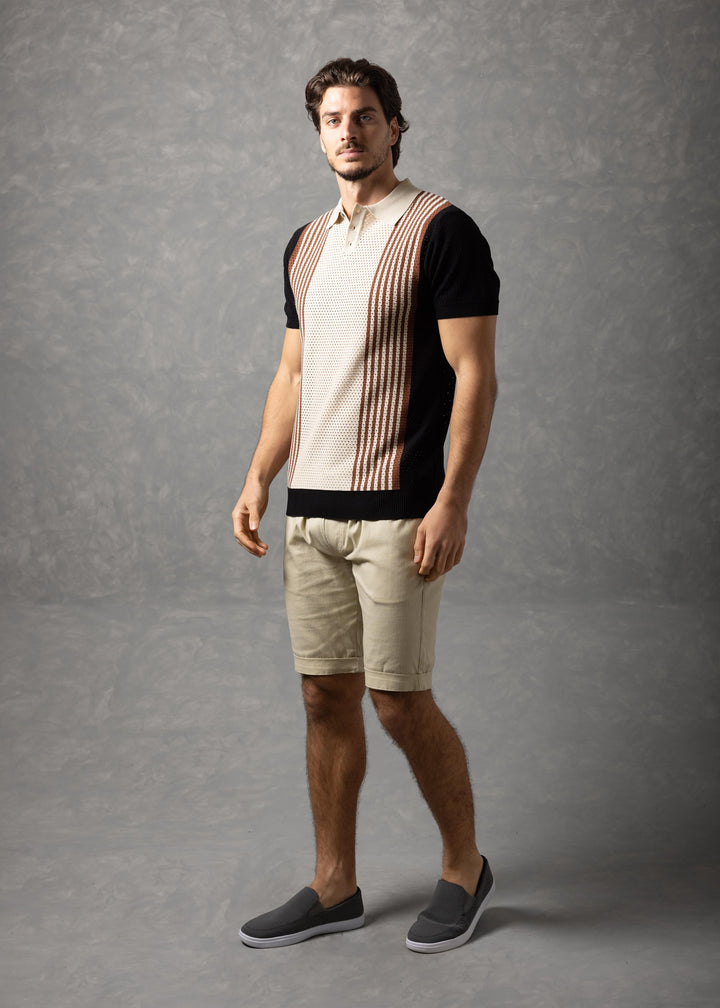 Portofino – Colorblock Textured Knit Polo with Vertical Stripe Panel