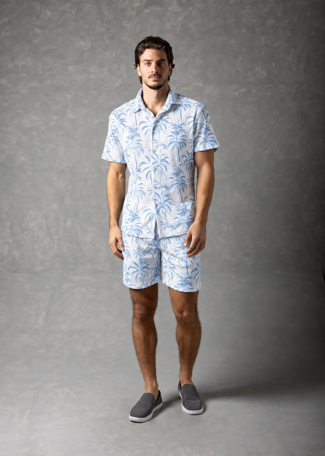Coastal Palm Print Textured Knit Short Sleeve Button-Up Shirt