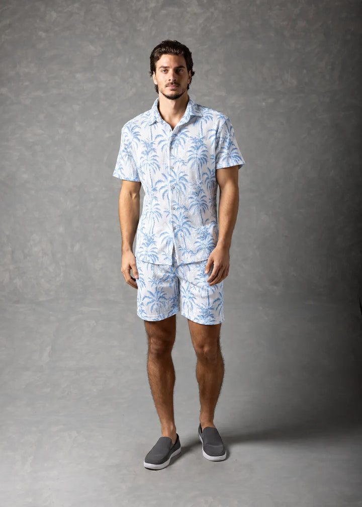 Coastal Palm Print Textured Knit Short Sleeve Button-Up Shirt