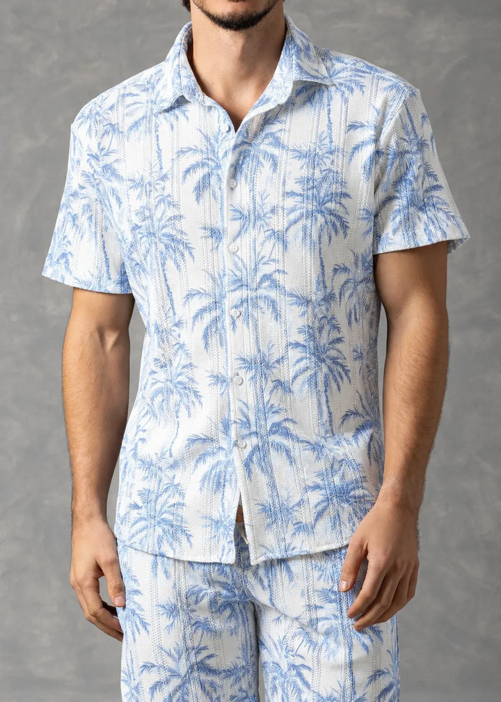 Coastal Palm Print Textured Knit Short Sleeve Button-Up Shirt