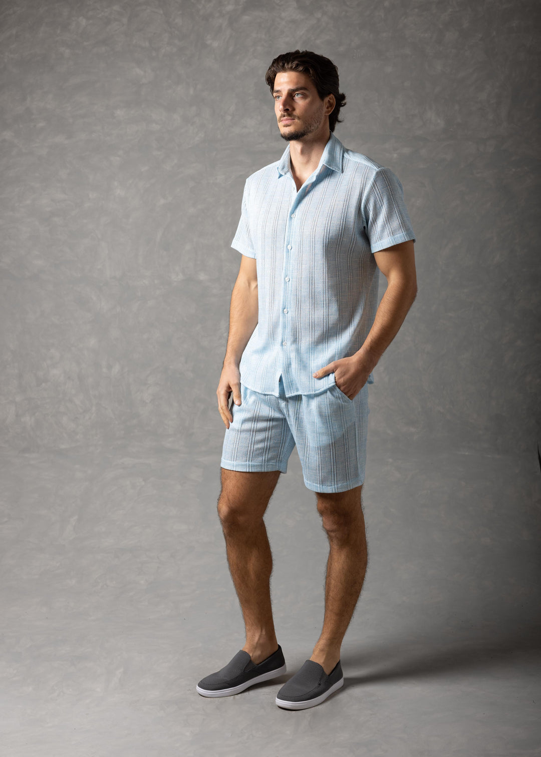 Coastal Breeze Shirt – Textured Stripe Short Sleeve Button-Up