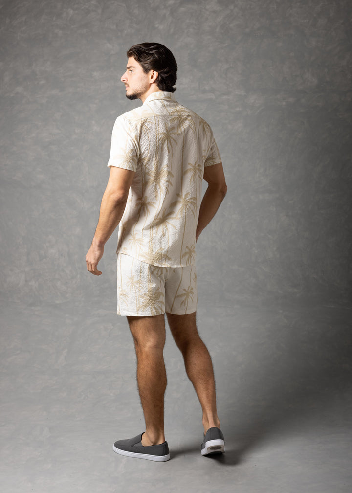 Palm Haven Shirt – Tropical Print Popcorn texture Short Sleeve Button-Up