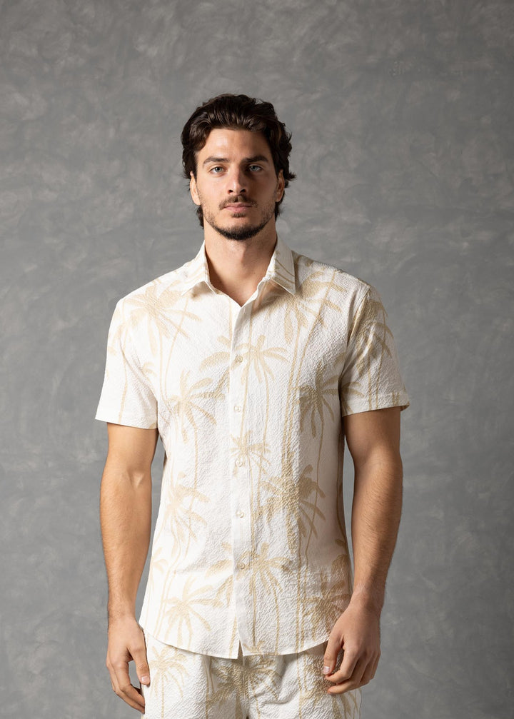Palm Haven Shirt – Tropical Print Popcorn texture Short Sleeve Button-Up