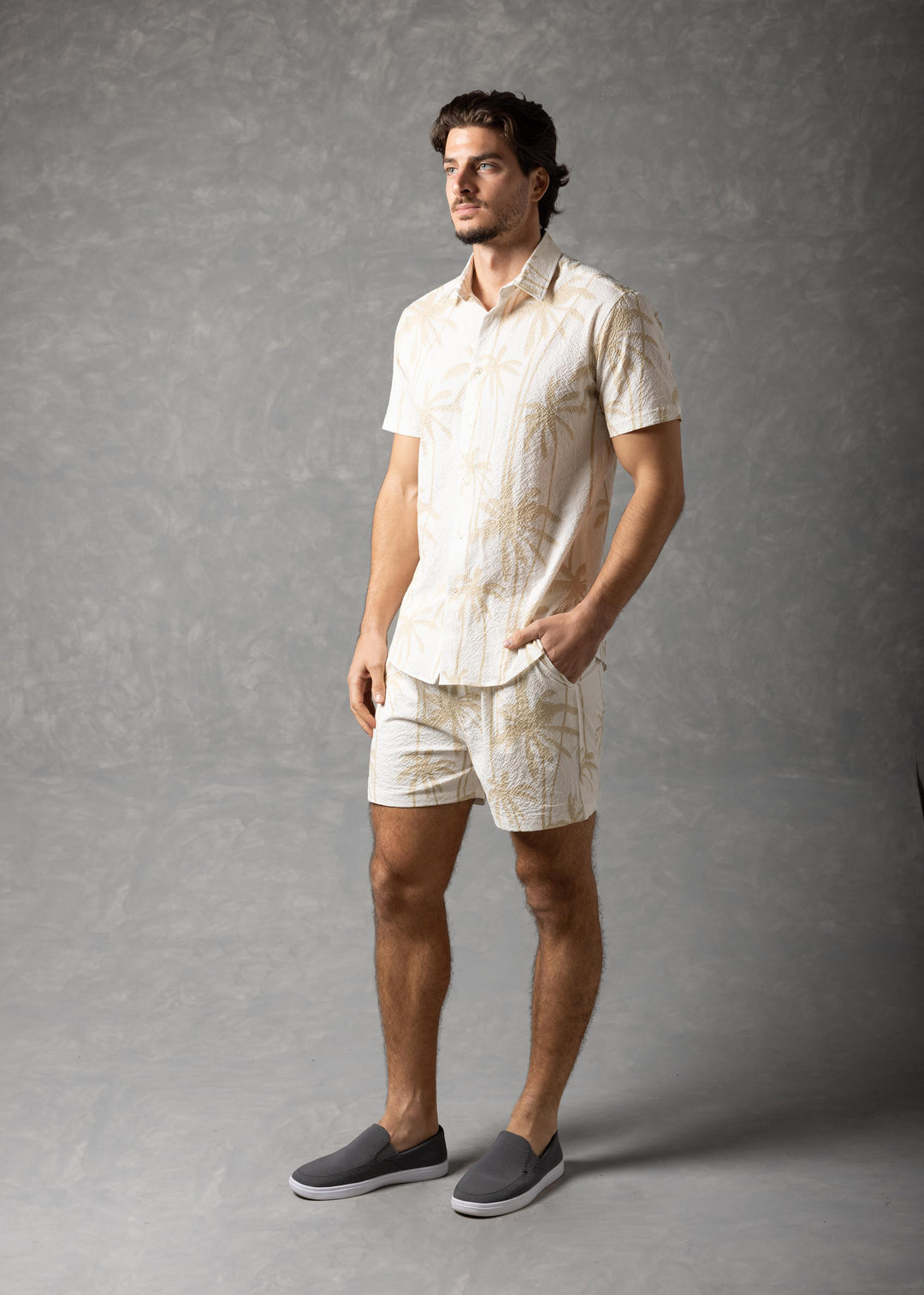 Palm Haven Shirt – Tropical Print Popcorn texture Short Sleeve Button-Up