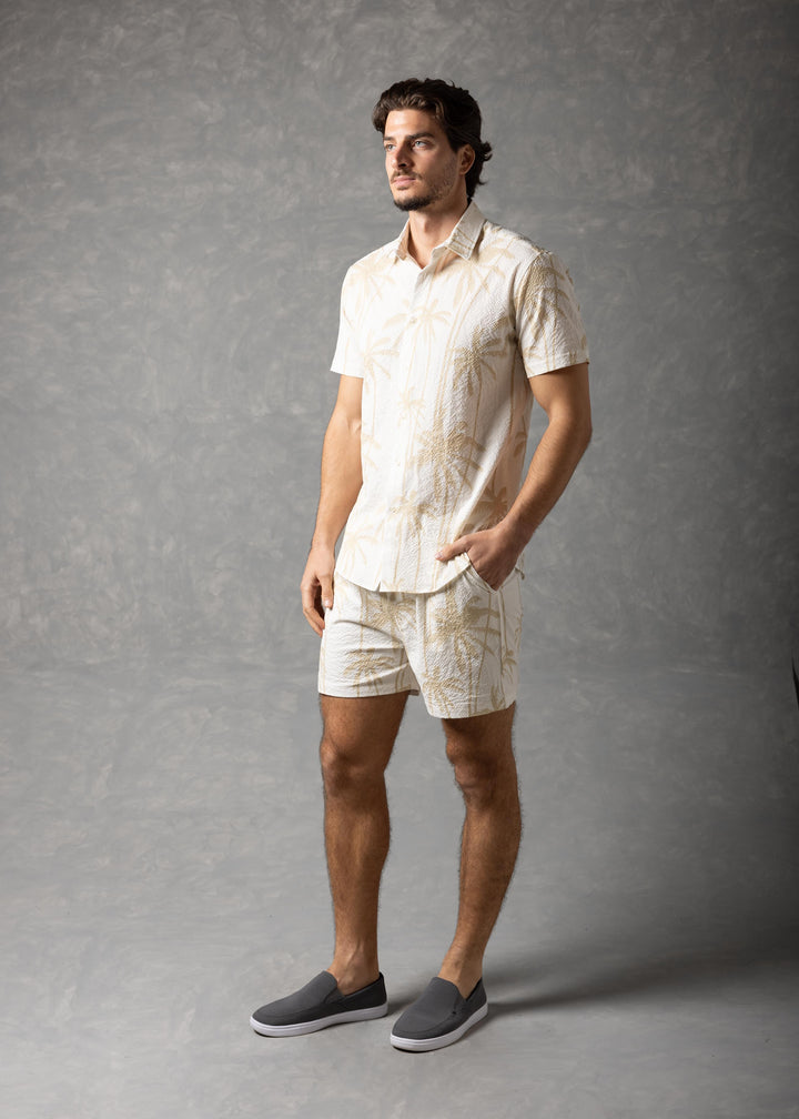 Palm Haven Shirt – Tropical Print Popcorn texture Short Sleeve Button-Up