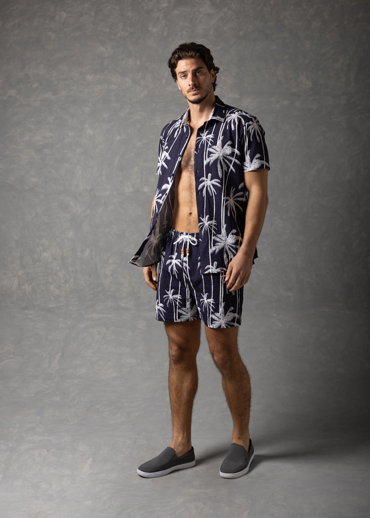 Palm Haven Shirt – Tropical Print Popcorn texture Short Sleeve Button-Up