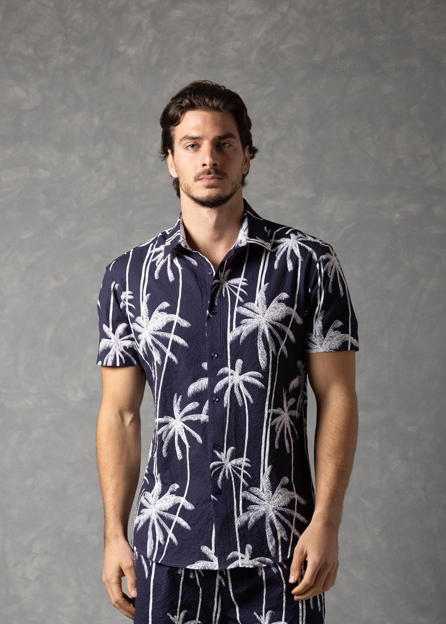 Palm Haven Shirt – Tropical Print Popcorn texture Short Sleeve