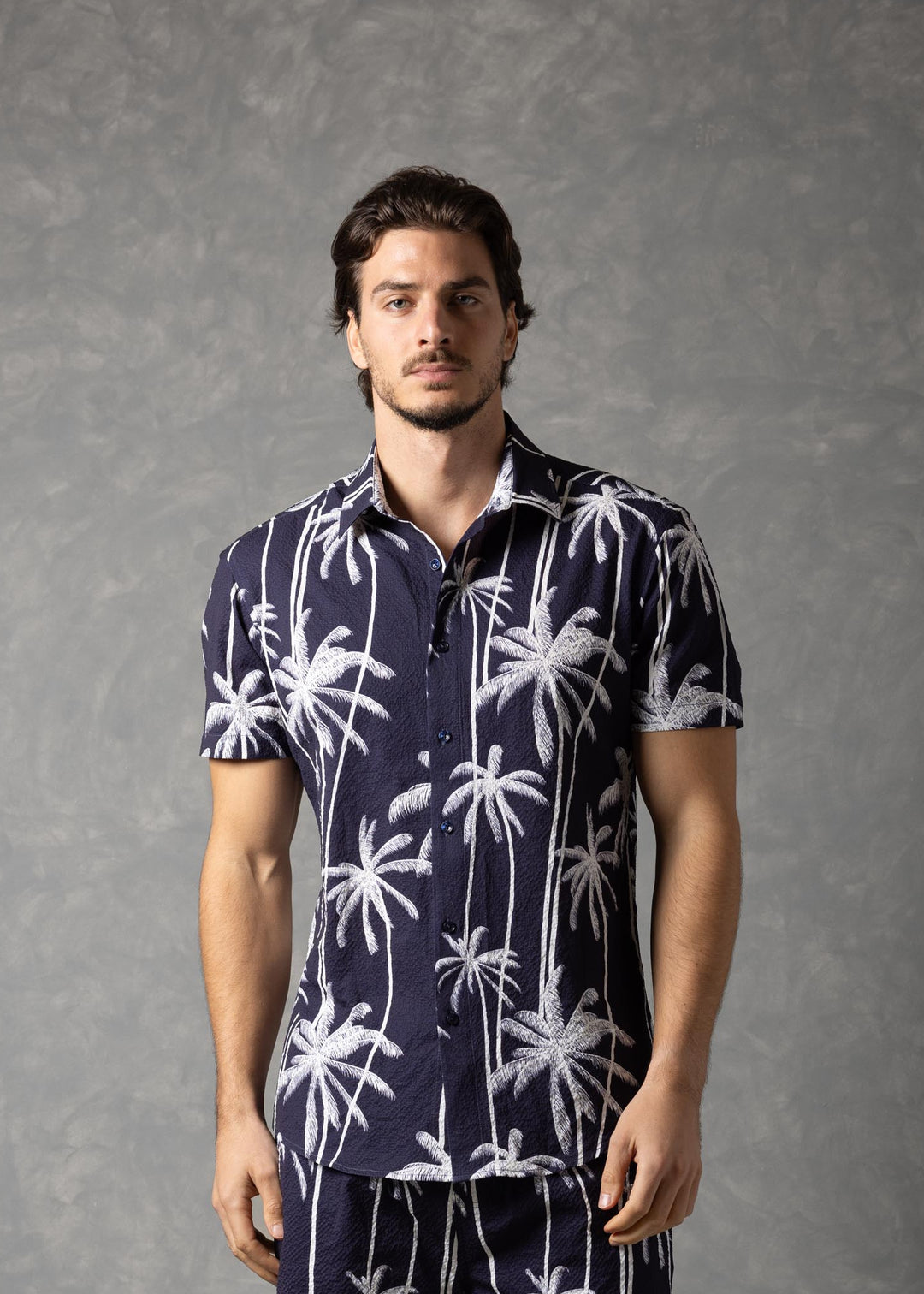 Palm Haven Shirt – Tropical Print Popcorn texture Short Sleeve Button-Up
