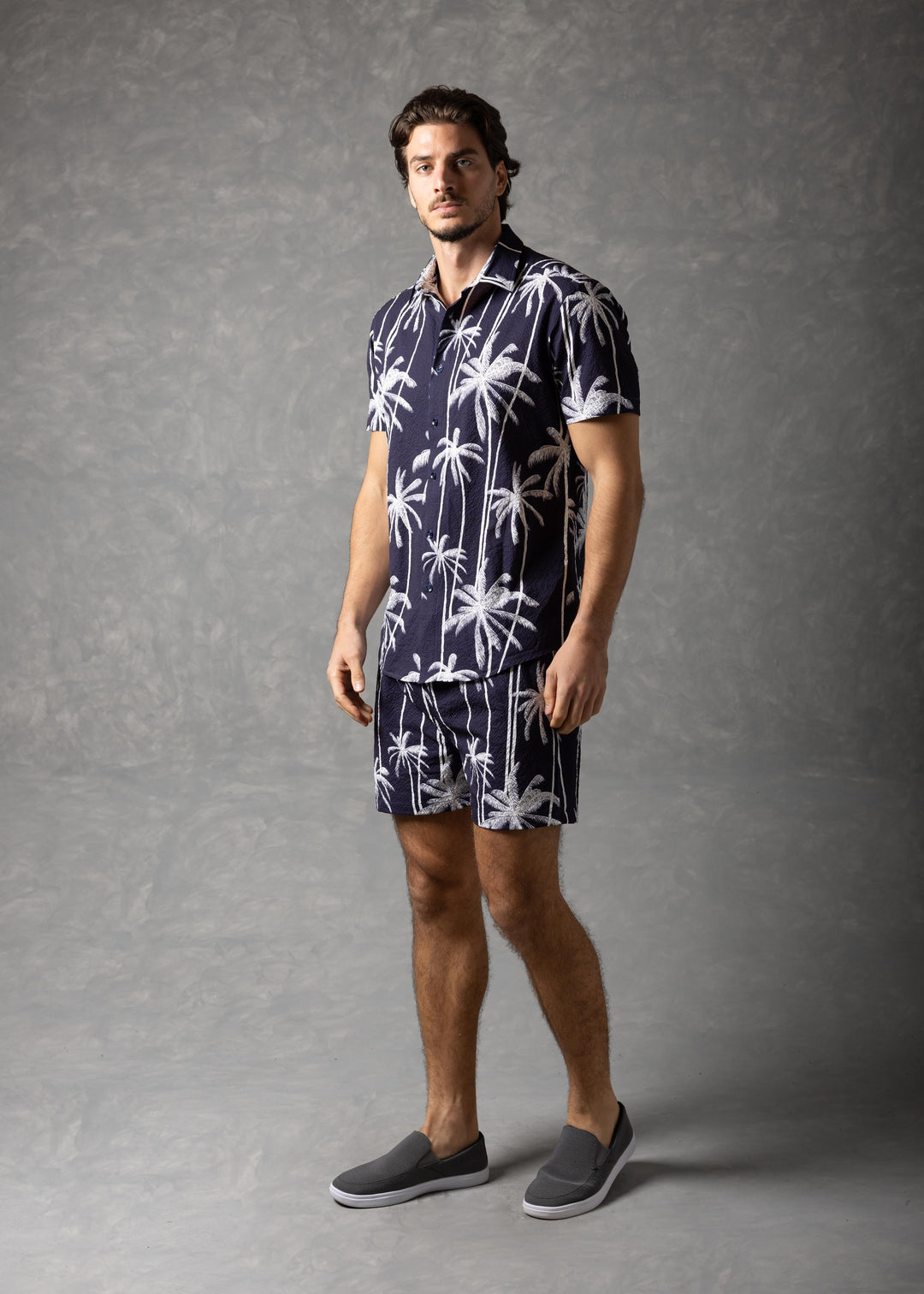 Palm Haven Shirt – Tropical Print Popcorn texture Short Sleeve Button-Up