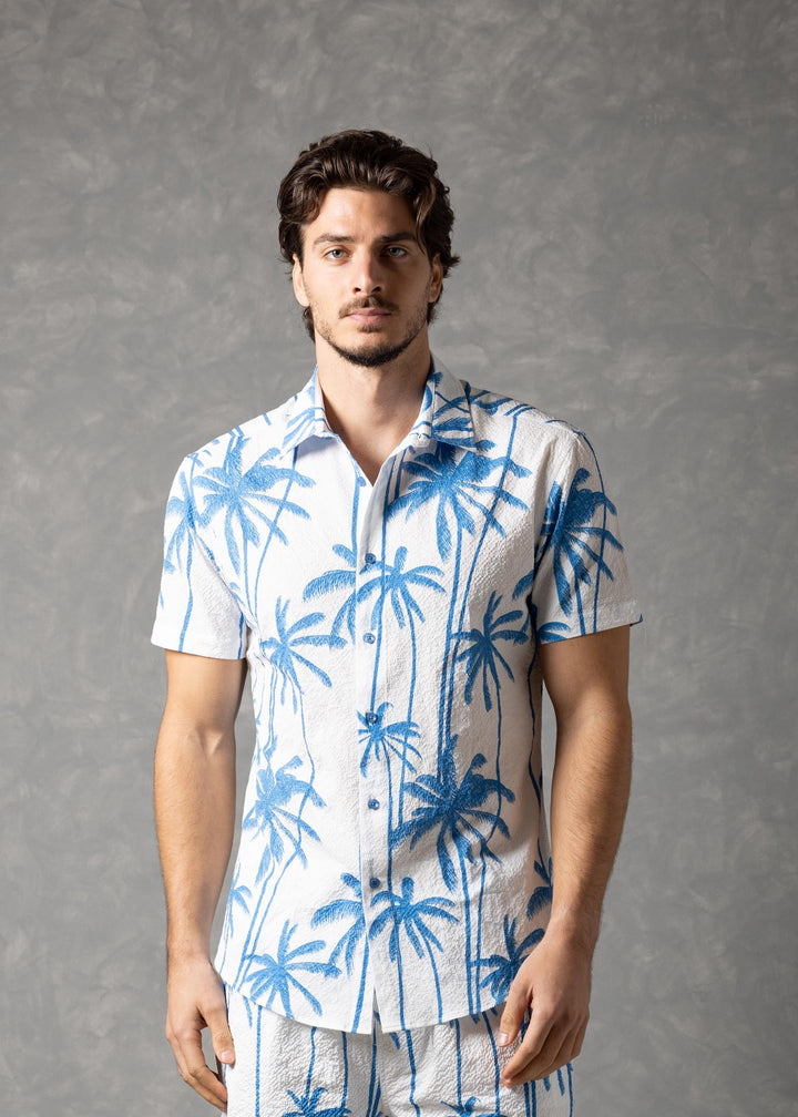 Palm Haven Shirt – Tropical Print Popcorn texture Short Sleeve Button-Up