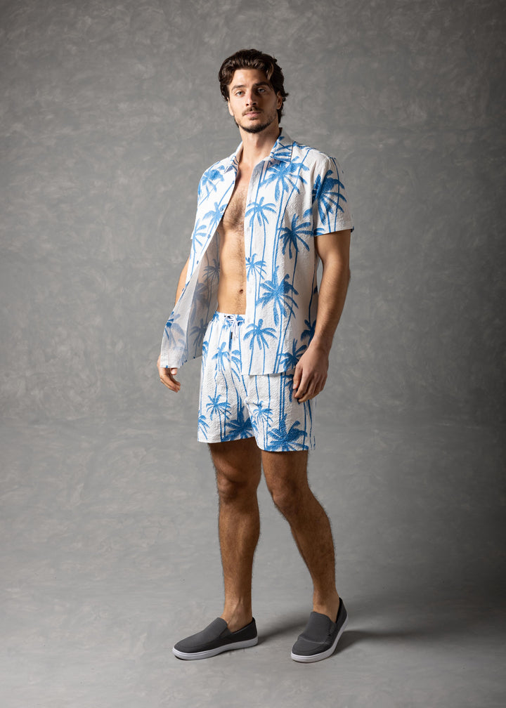 Palm Haven Shirt – Tropical Print Popcorn texture Short Sleeve Button-Up