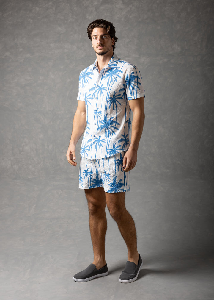 Palm Haven Shirt – Tropical Print Popcorn texture Short Sleeve Button-Up