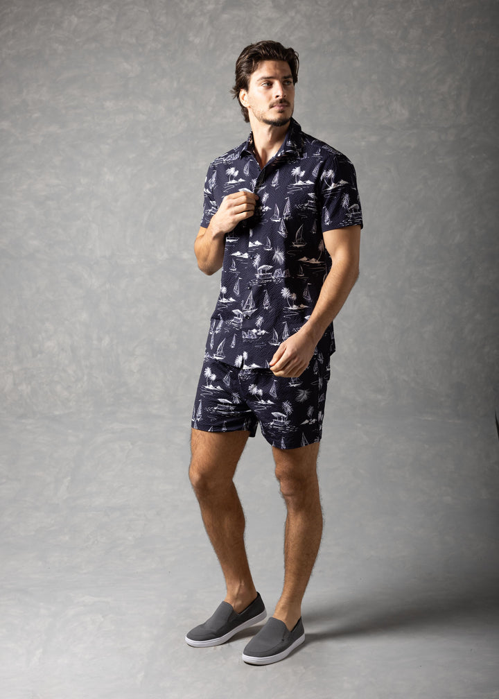 Jet Setting Shirt – Island Print Popcorn Textured Short Sleeve Button-Up