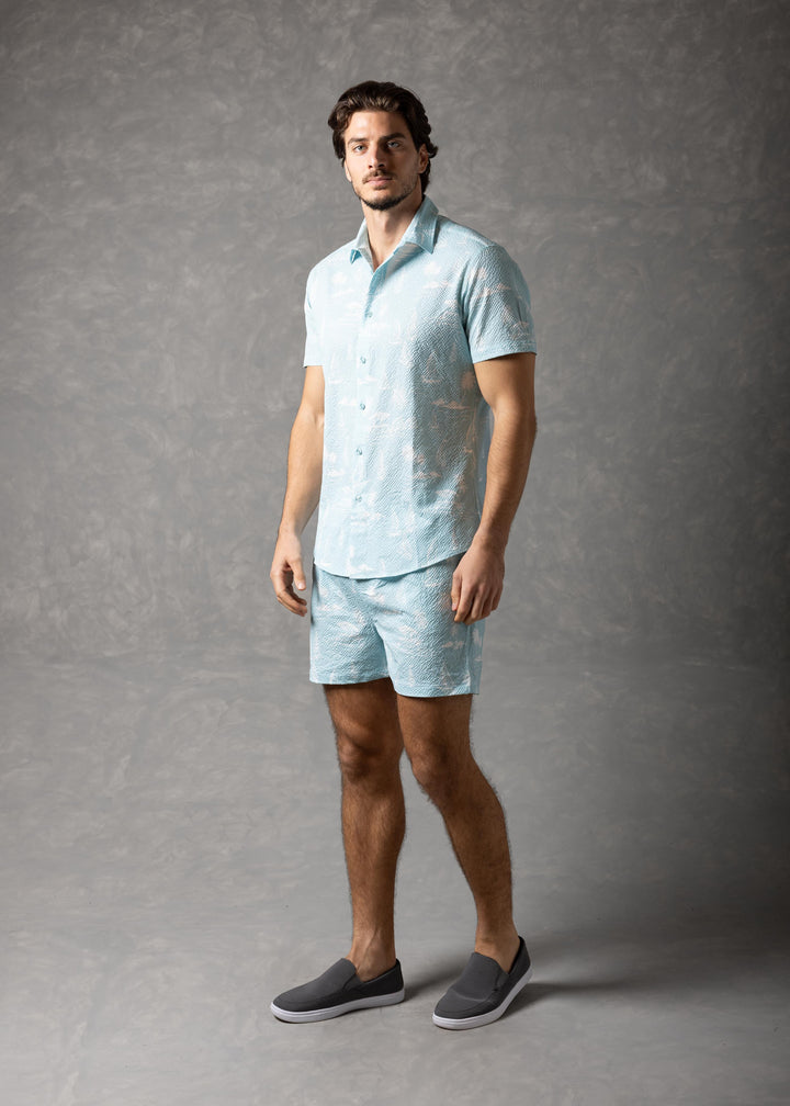 Jet Setting Shirt – Island Print Popcorn Textured Short Sleeve Button-Up