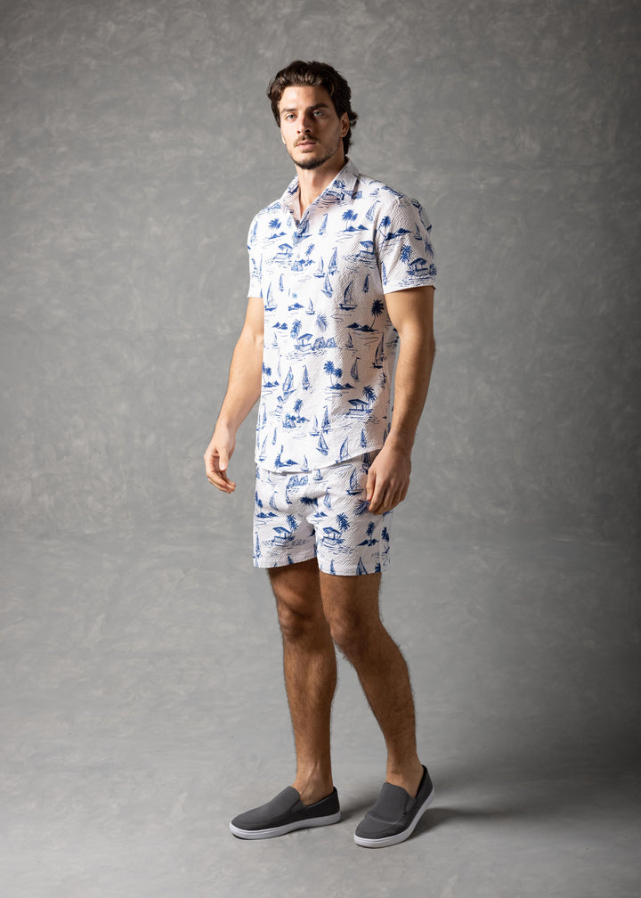 Jet Setting Shirt – Island Print Popcorn Textured Short Sleeve Button-Up