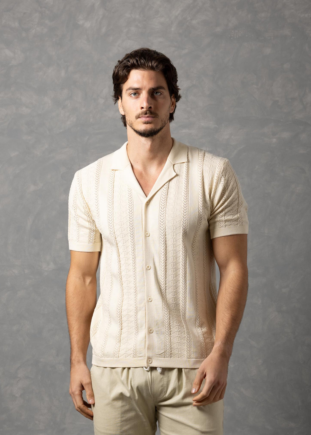 Santorini – Textured Knit Short Sleeve Button-Up