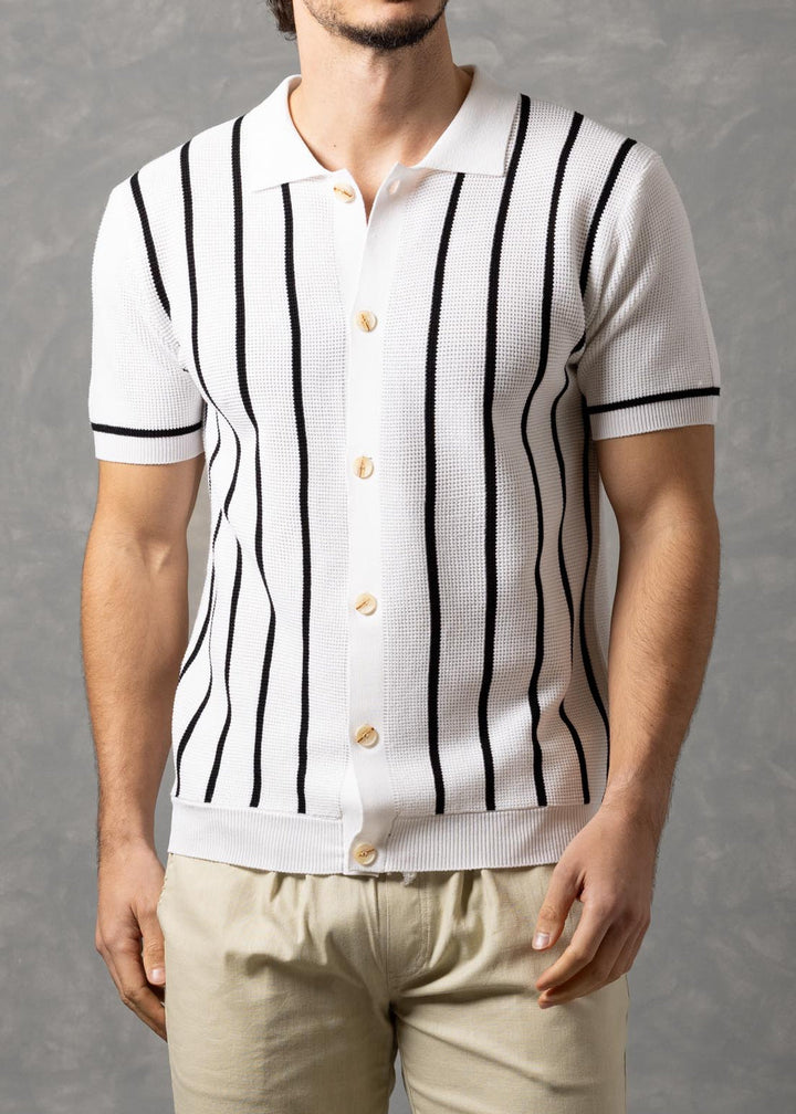 Capri Lines – Vertical Stripe Knit Short Sleeve Button-Up