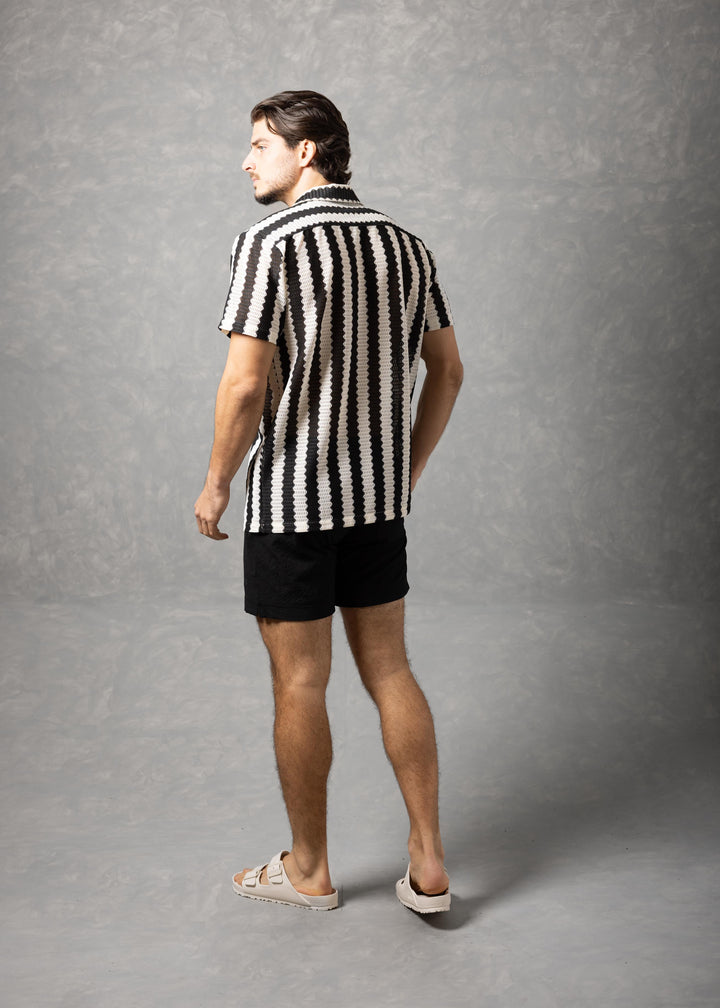 Riviera Wave – Textured Stripe Knit Short Sleeve Button-Up