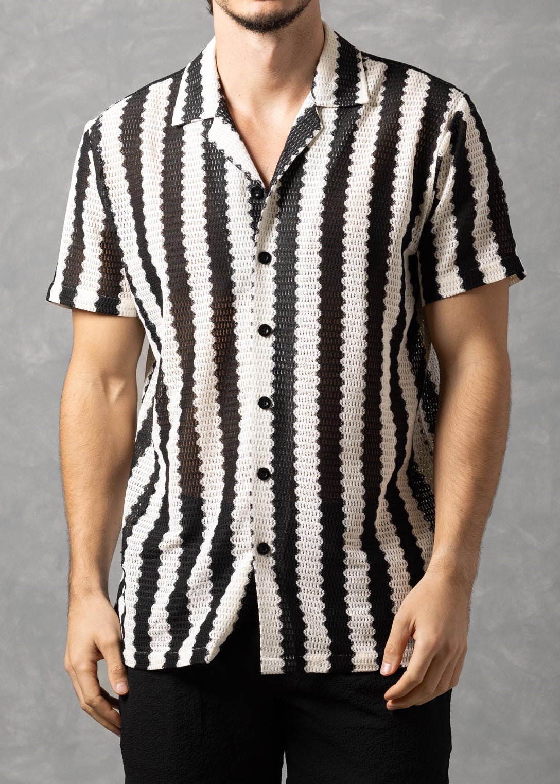 262113 - Black & Off White Vertical Stripe Open Knit Button-Up Short S ...