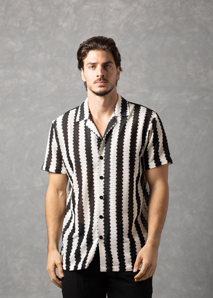 Riviera Wave – Textured Stripe Knit Short Sleeve Button-Up