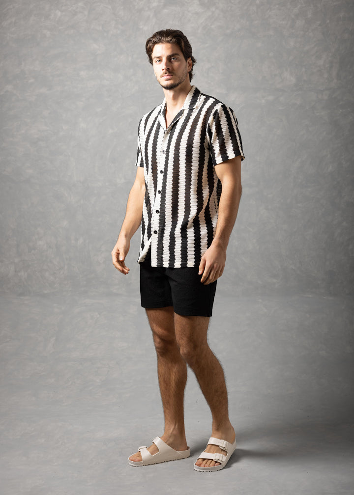 Riviera Wave – Textured Stripe Knit Short Sleeve Button-Up