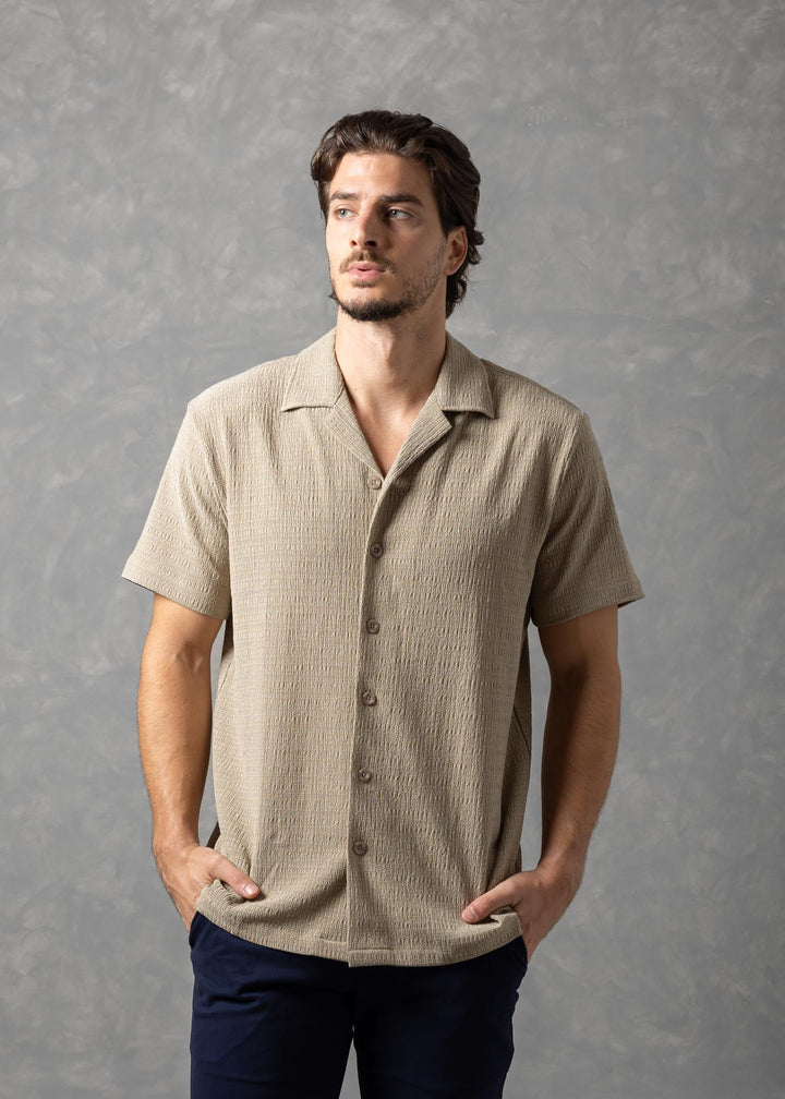 Textured Knit Short Sleeve Button-Up Shirt