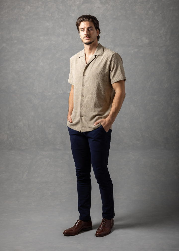 Textured Knit Short Sleeve Button-Up Shirt