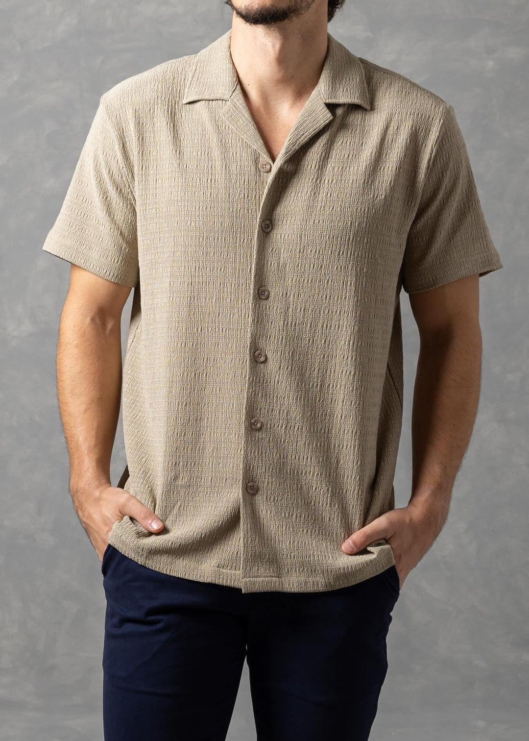 Textured Knit Short Sleeve Button-Up Shirt