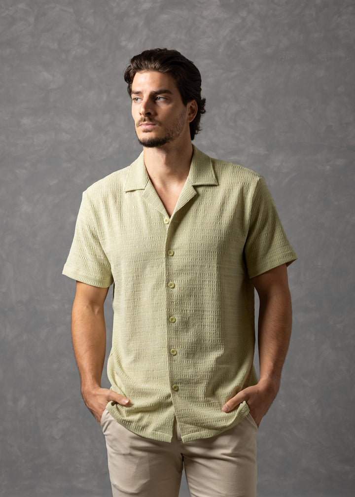 Textured Knit Short Sleeve Button-Up Shirt
