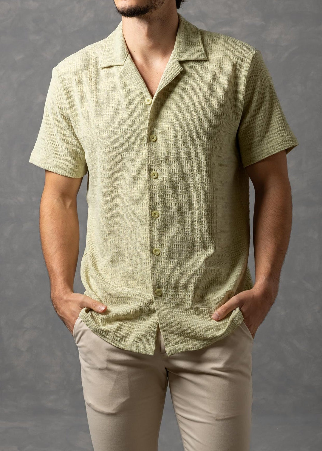 Textured Knit Short Sleeve Button-Up Shirt