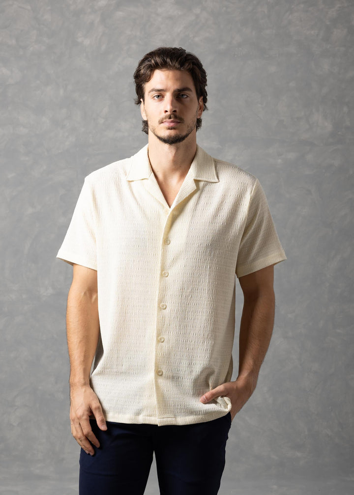 Textured Knit Short Sleeve Button-Up Shirt
