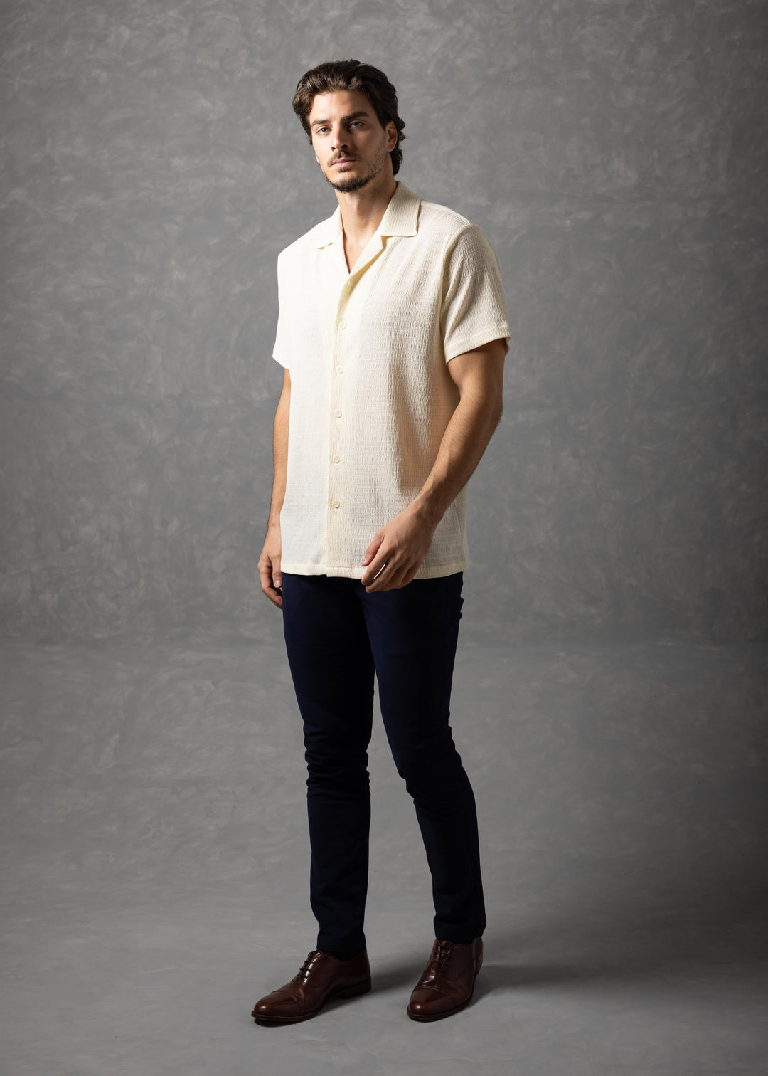 Textured Knit Short Sleeve Button-Up Shirt