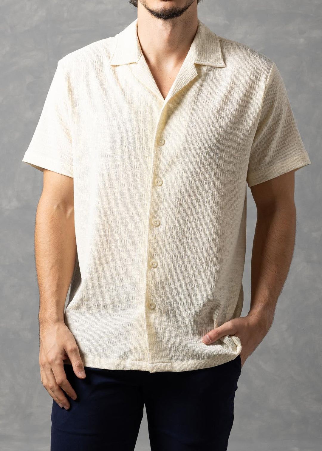 Textured Knit Short Sleeve Button-Up Shirt