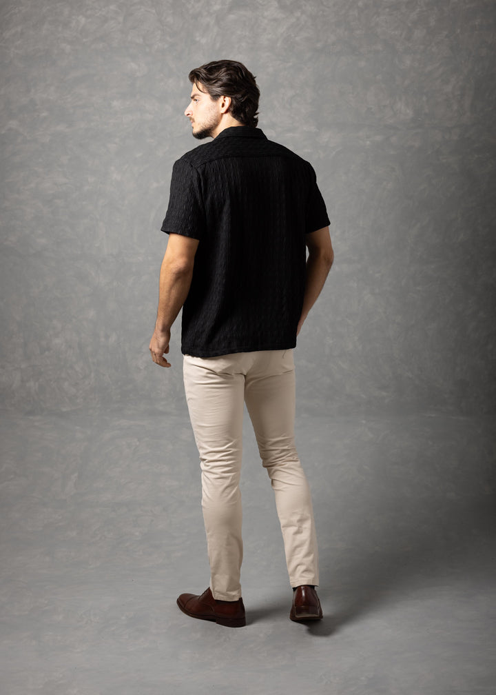 Textured Knit Short Sleeve Button-Up Shirt