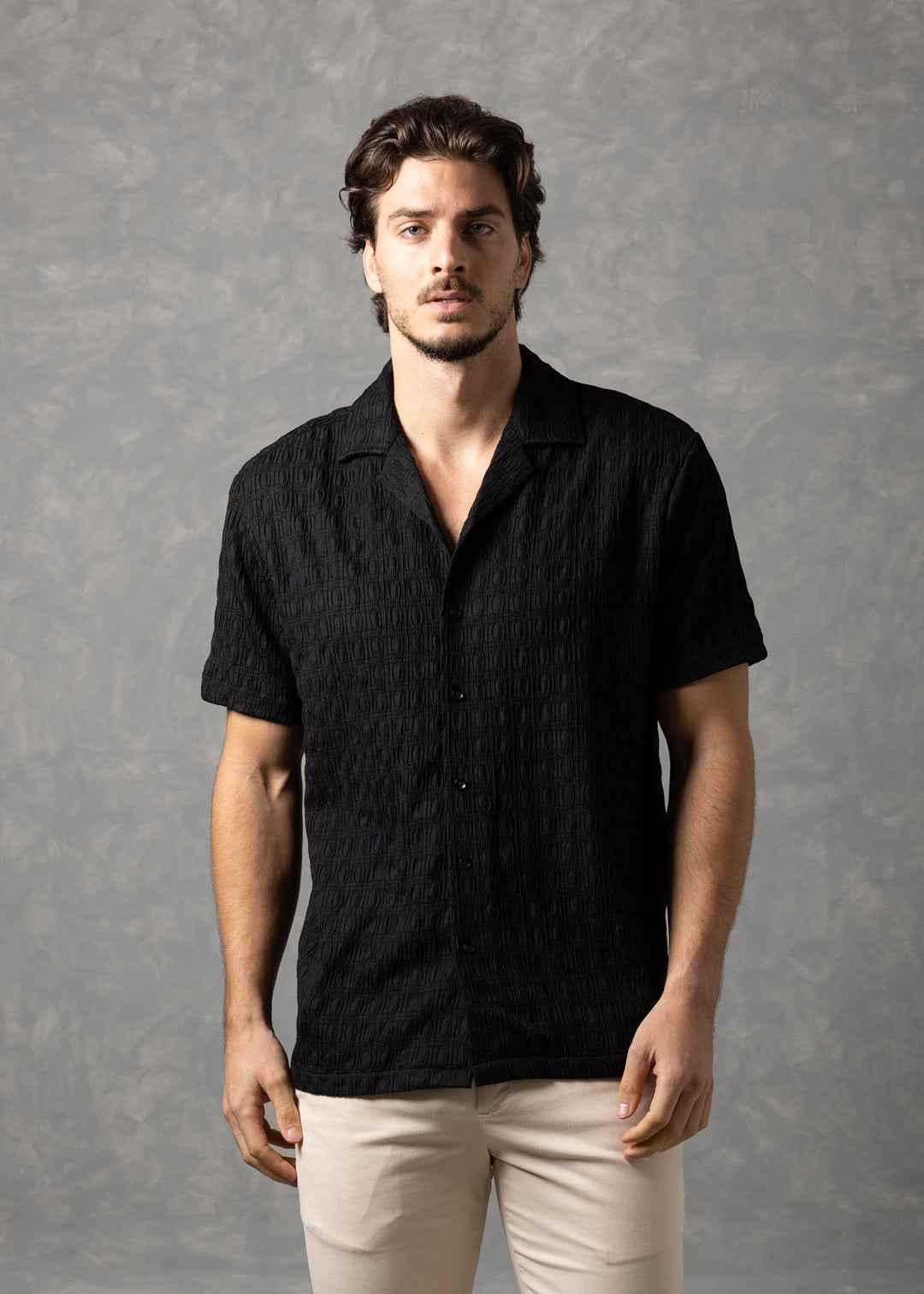 Textured Knit Short Sleeve Button-Up Shirt