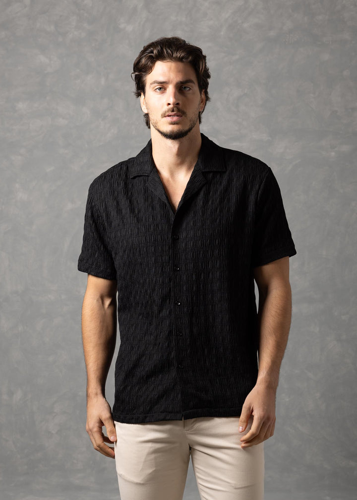 Textured Knit Short Sleeve Button-Up Shirt
