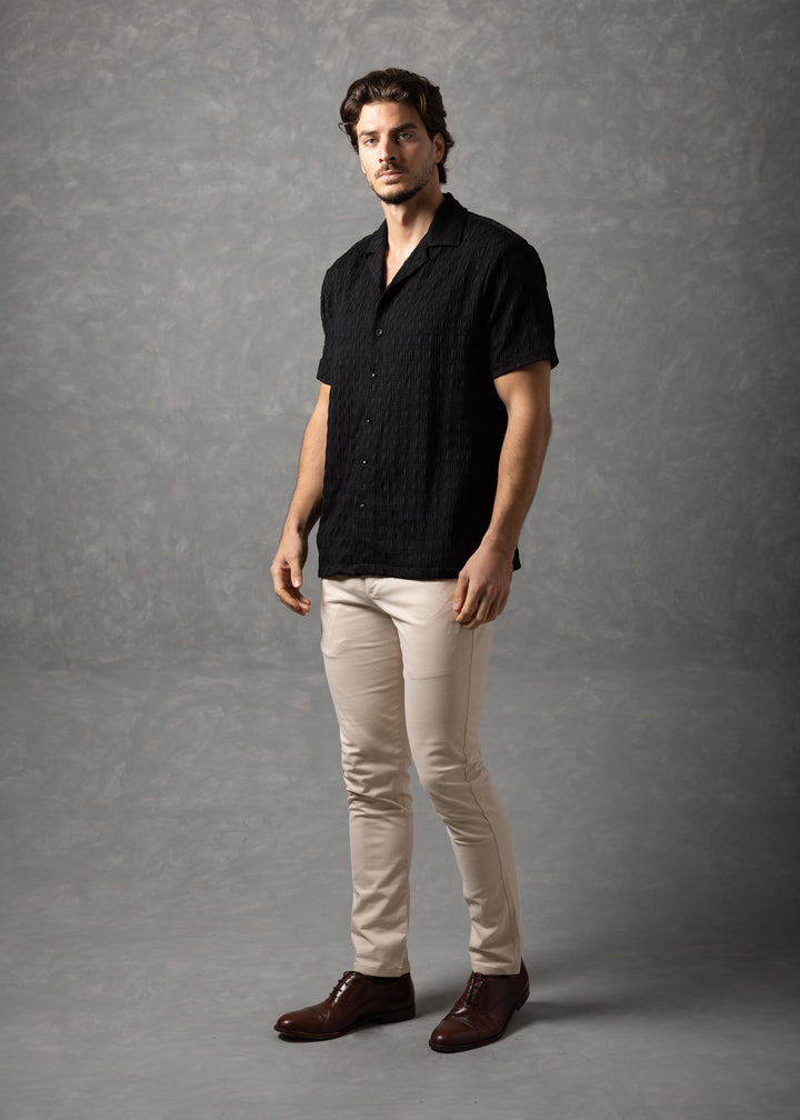 Textured Knit Short Sleeve Button-Up Shirt