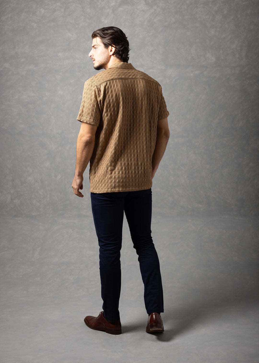 Textured Knit Short Sleeve Button-Up Shirt