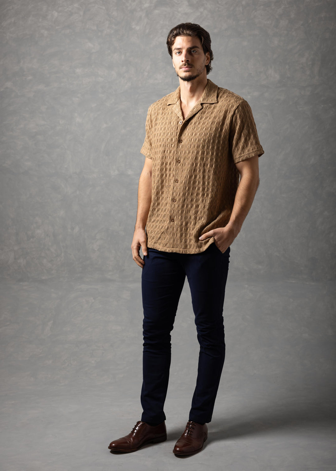 Textured Knit Short Sleeve Button-Up Shirt