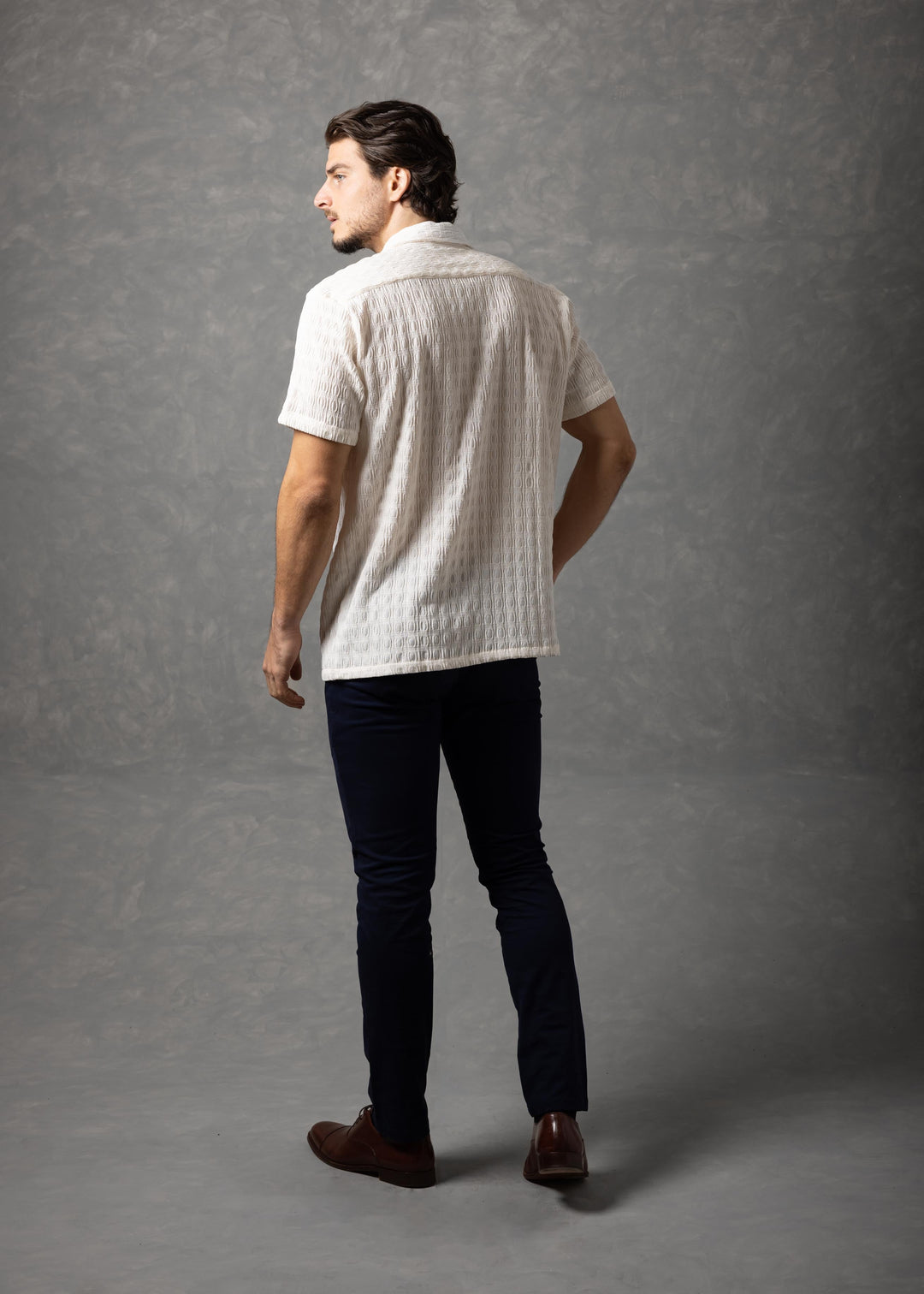 Textured Knit Short Sleeve Button-Up Shirt