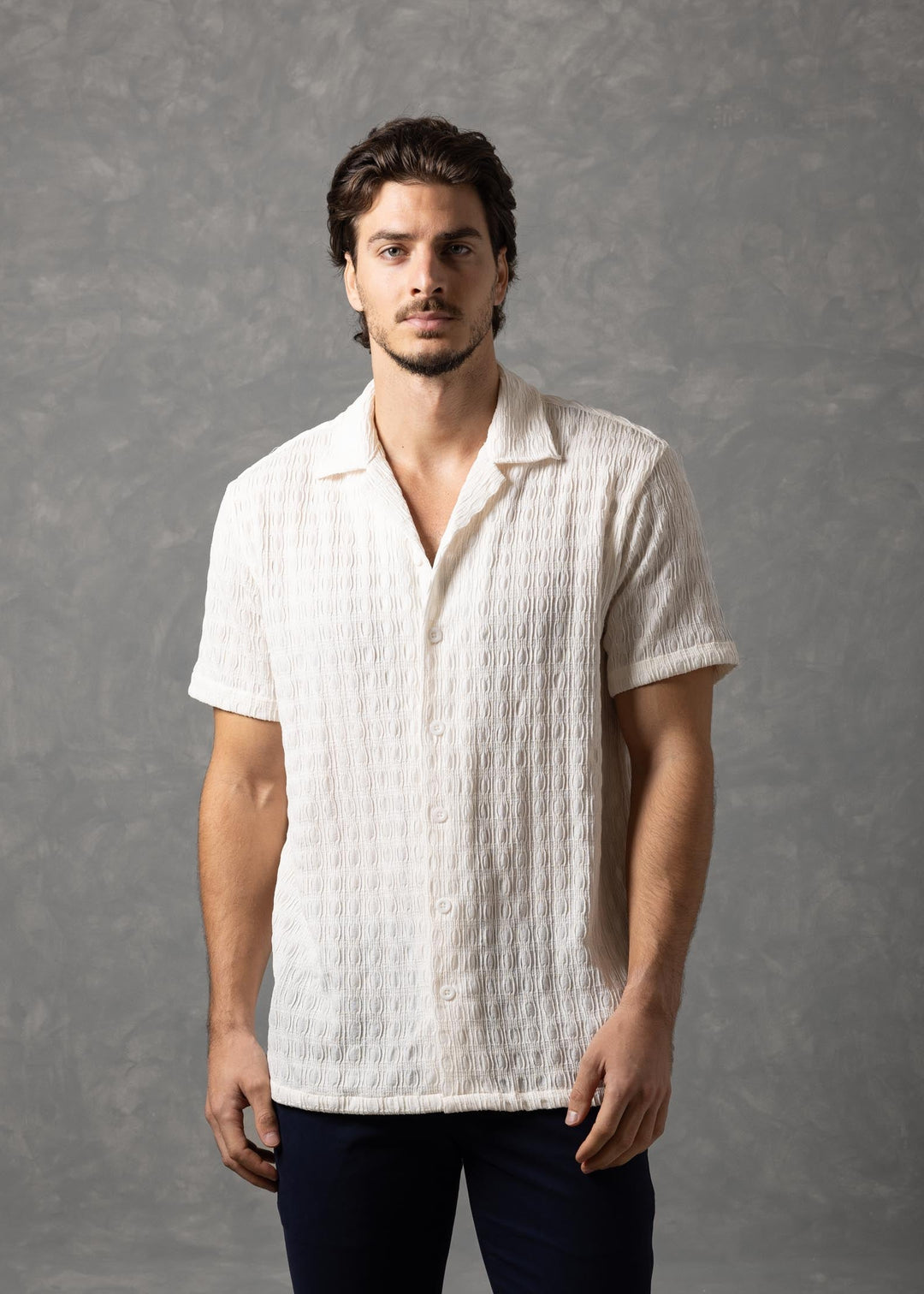 Textured Knit Short Sleeve Button-Up Shirt