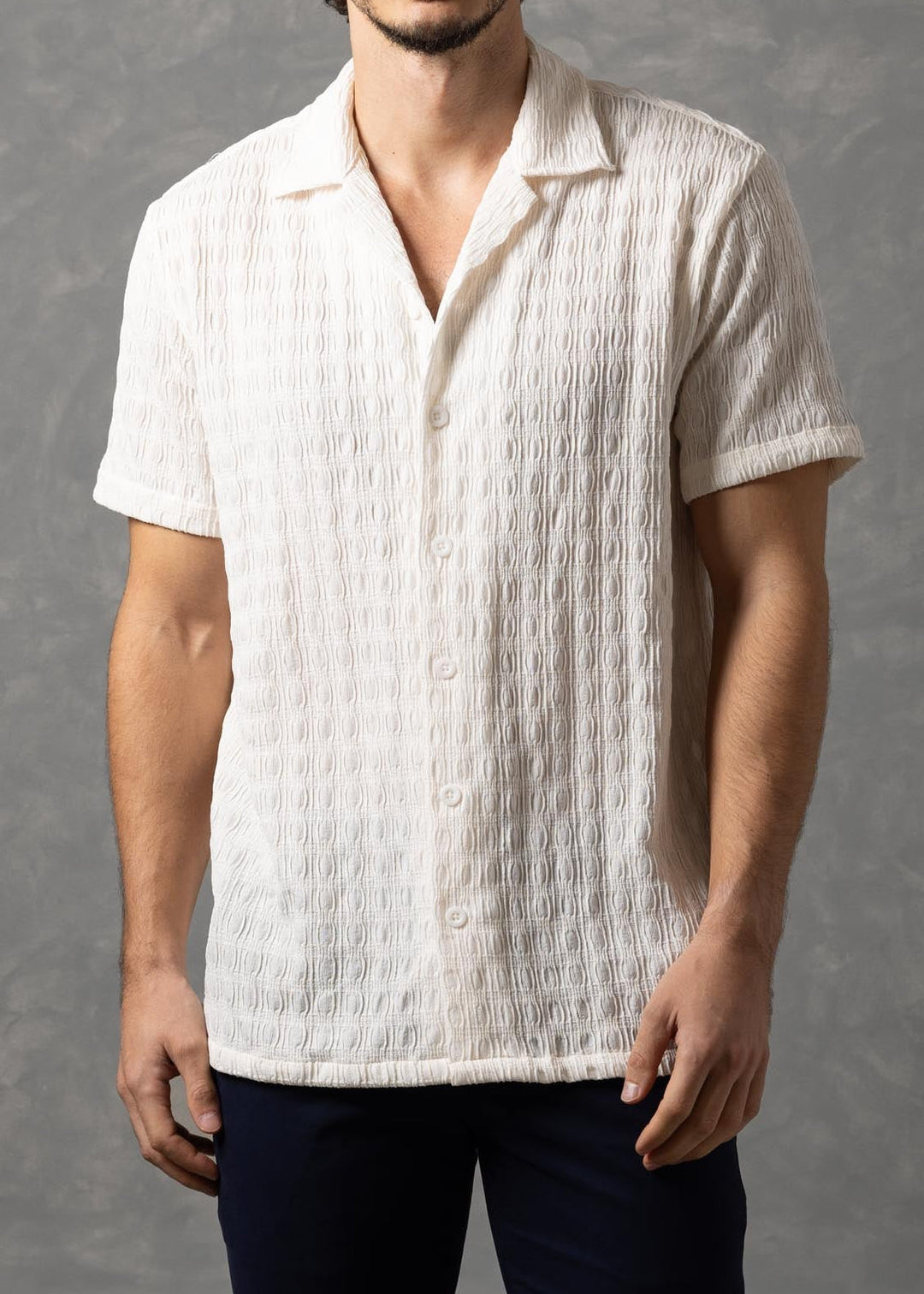 Textured Knit Short Sleeve Button-Up Shirt