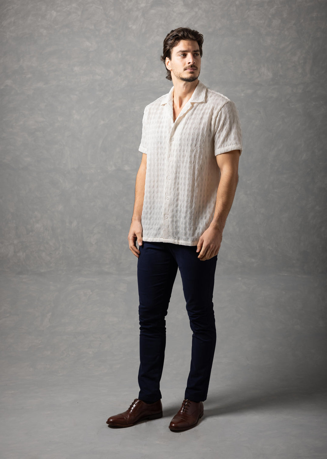Textured Knit Short Sleeve Button-Up Shirt