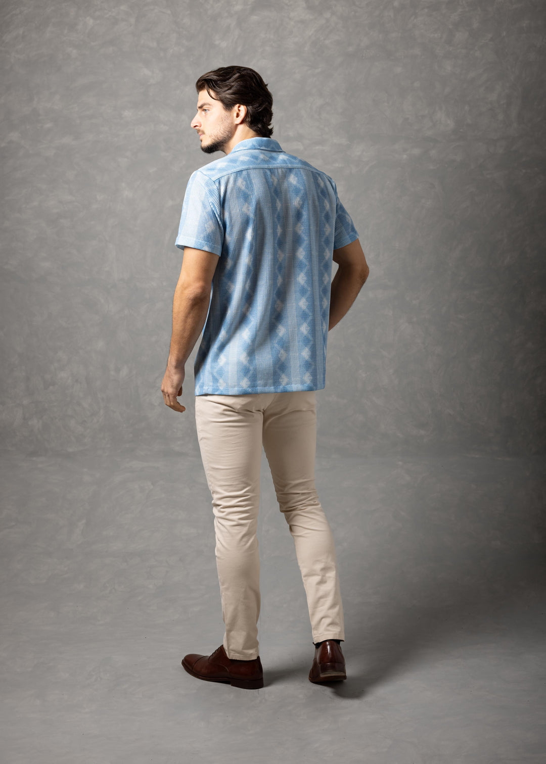 Azure Coast – Textured Diamond Knit Short Sleeve Button-Up