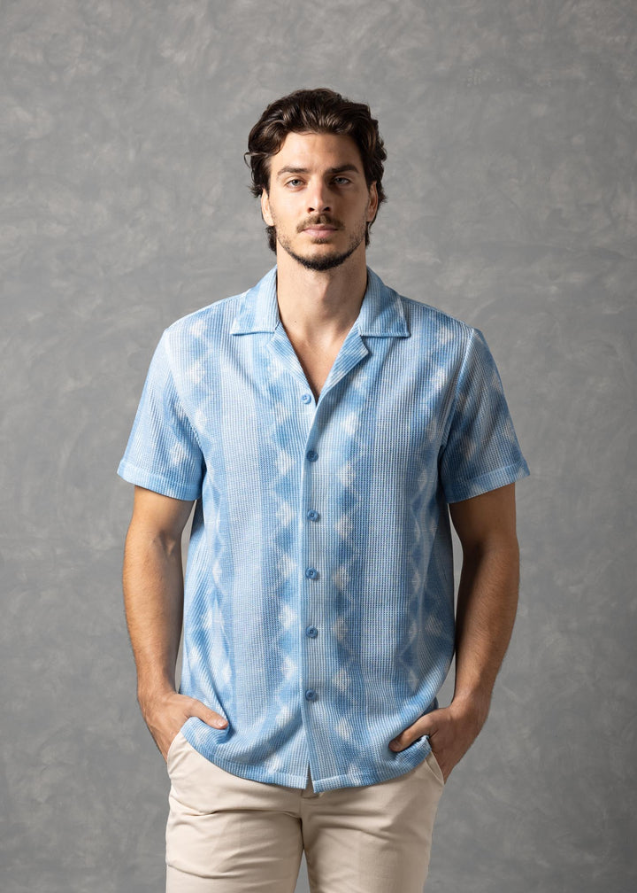 Azure Coast – Textured Diamond Knit Short Sleeve Button-Up