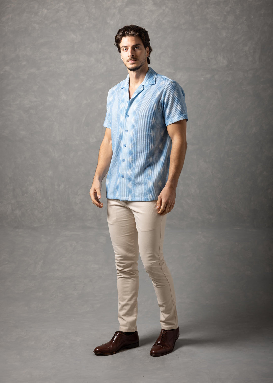 Azure Coast – Textured Diamond Knit Short Sleeve Button-Up