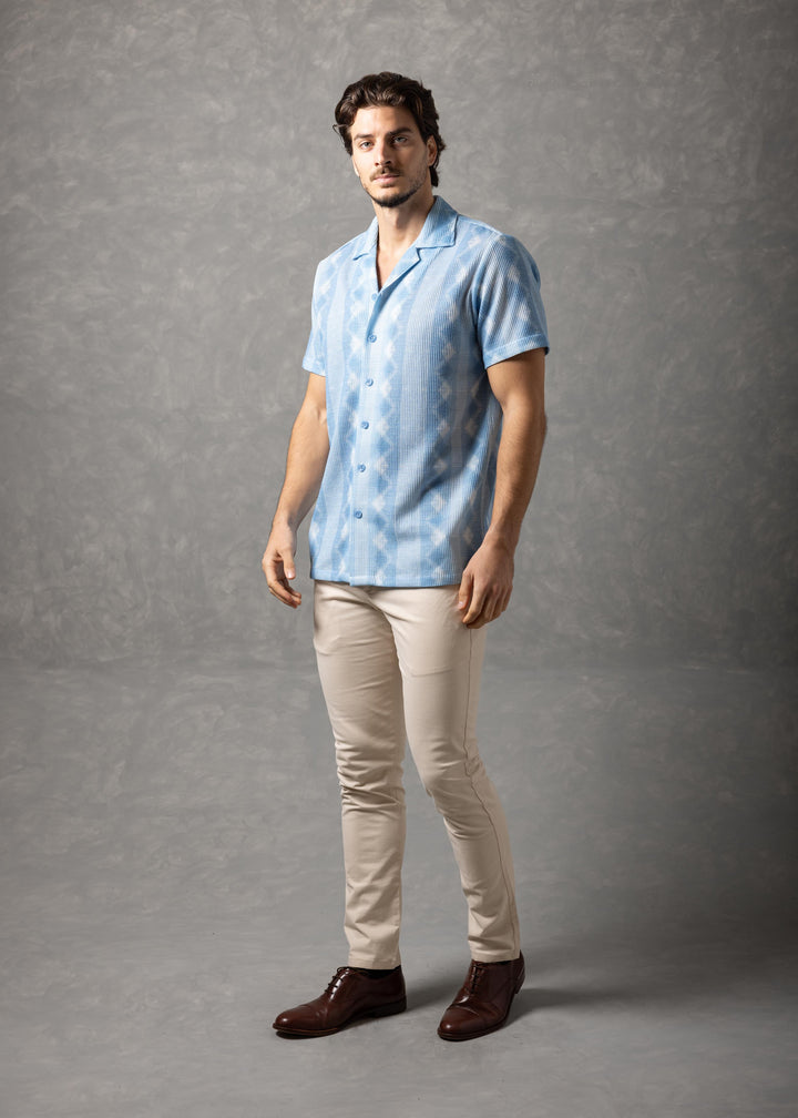 Azure Coast – Textured Diamond Knit Short Sleeve Button-Up