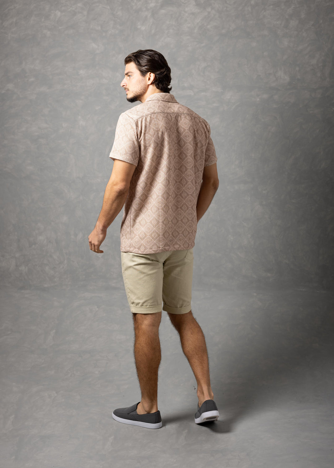Sahara Geo – Textured Geometric Knit Short Sleeve Button-Up