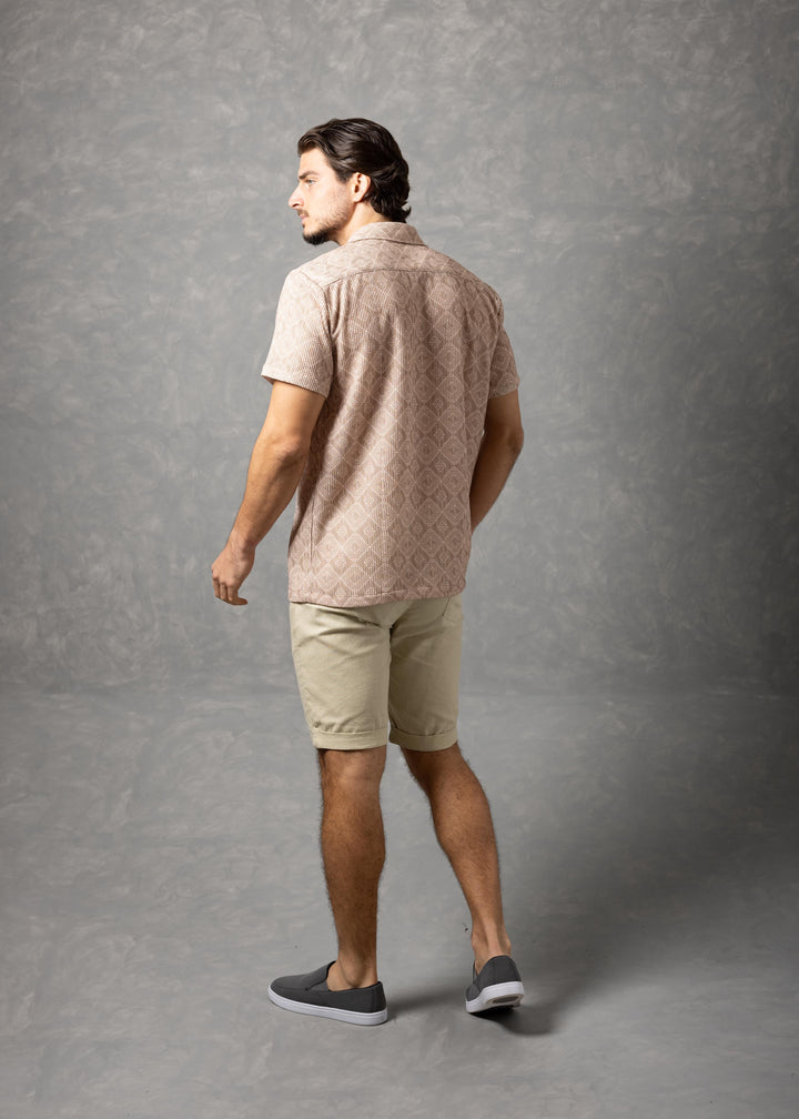 Sahara Geo – Textured Geometric Knit Short Sleeve Button-Up